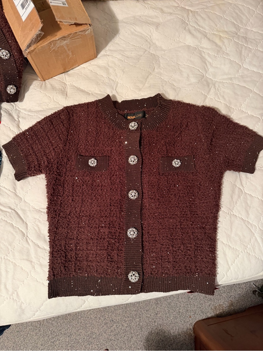 NWT Short-Sleeve Chunky Knit Sweater/Skirt SET Cardigan in Chocolate